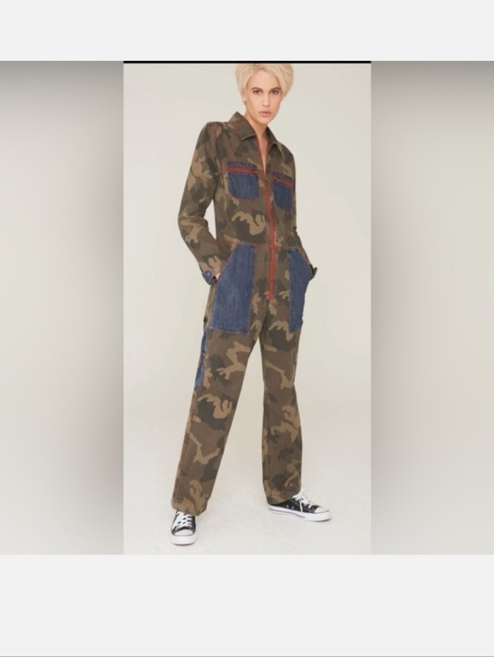 La Boheme Camouflage Utility Jeans with Denim Patch Details - Olive Green
